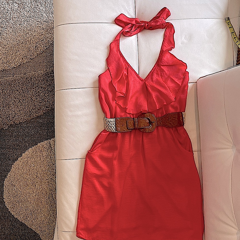 Coral color halter dress w/ pockets! Fully lined, belt included. Worn once